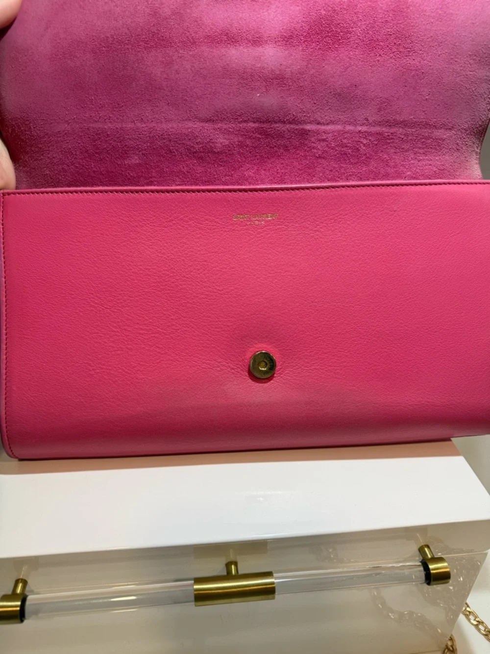 Yves Saint Laurent Hot Pink Leather Y-Front Chain Clutch - Picture 5 of 9